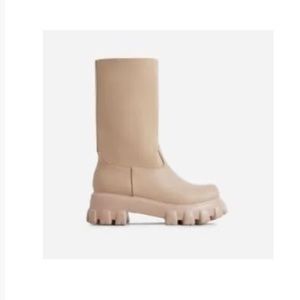 CHUNKY SOLE MID CALF ANKLE BIKER BOOT IN NUDE FAUX LEATHER